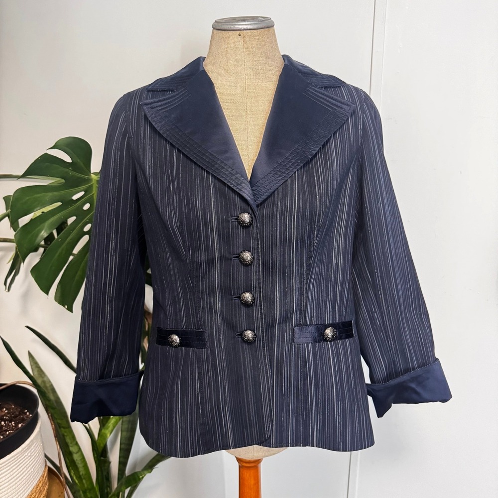 Doncaster Collection Blazer Womens 4 Navy Pinstripe Silk Trim Silver Buttons